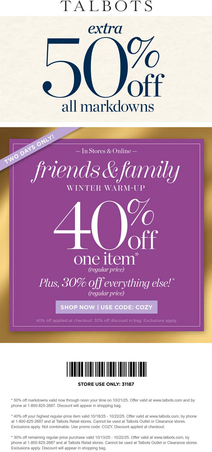 Extra 50% off sale items & more at Talbots, or online via promo code COZY