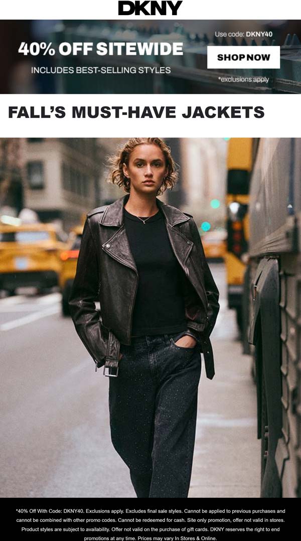 40% off everything at DKNY, or online via promo code DKNY40