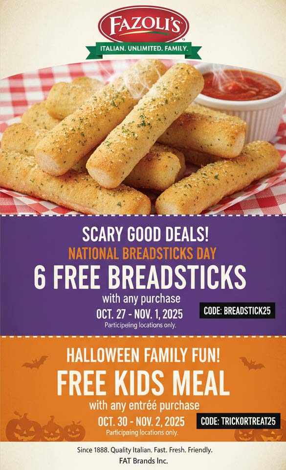 Free breadsticks with your order at Fazolis restaurants via promo code BREADSTICK25