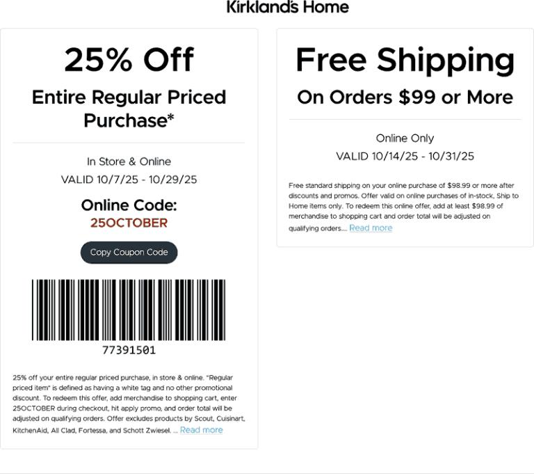 25% off at Kirklands, or online via promo code 25OCTOBER