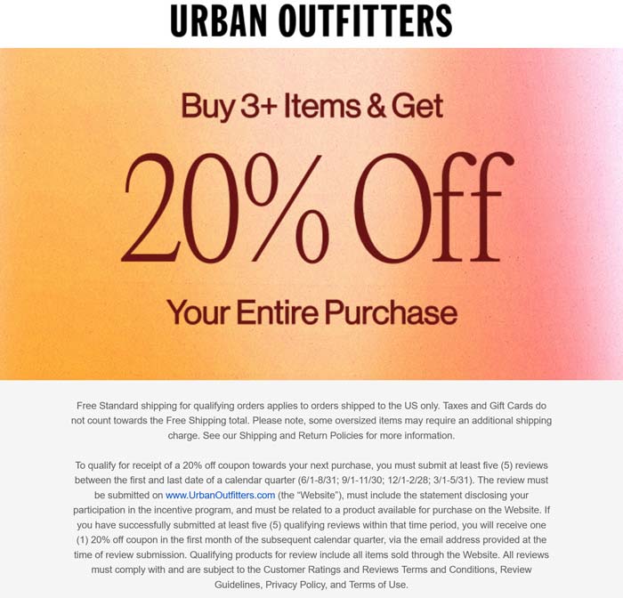 20% off on 3+ items at Urban Outfitters
