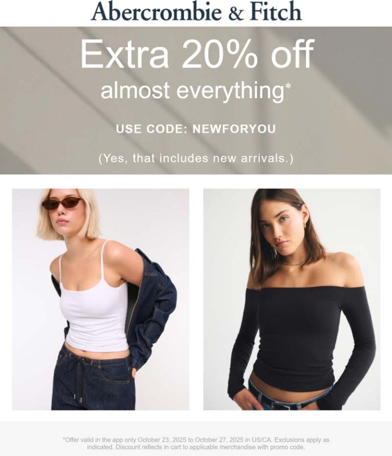 Abercrombie & Fitch coupon: Extra 20% off everything at Abercrombie & Fitch via promo code NEWFORYOU