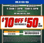 $10 off $50 at Big 5 sporting goods, or online via promo code E251026 #big5 $10 off $50 at Big 5 sporting goods, or online via promo code E251026 #big5