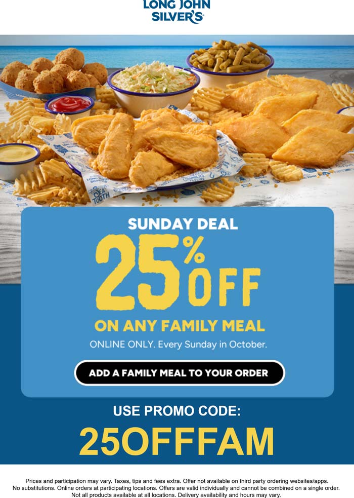 25% off family meal today at Long John Silvers via promo code 25OFFFAM