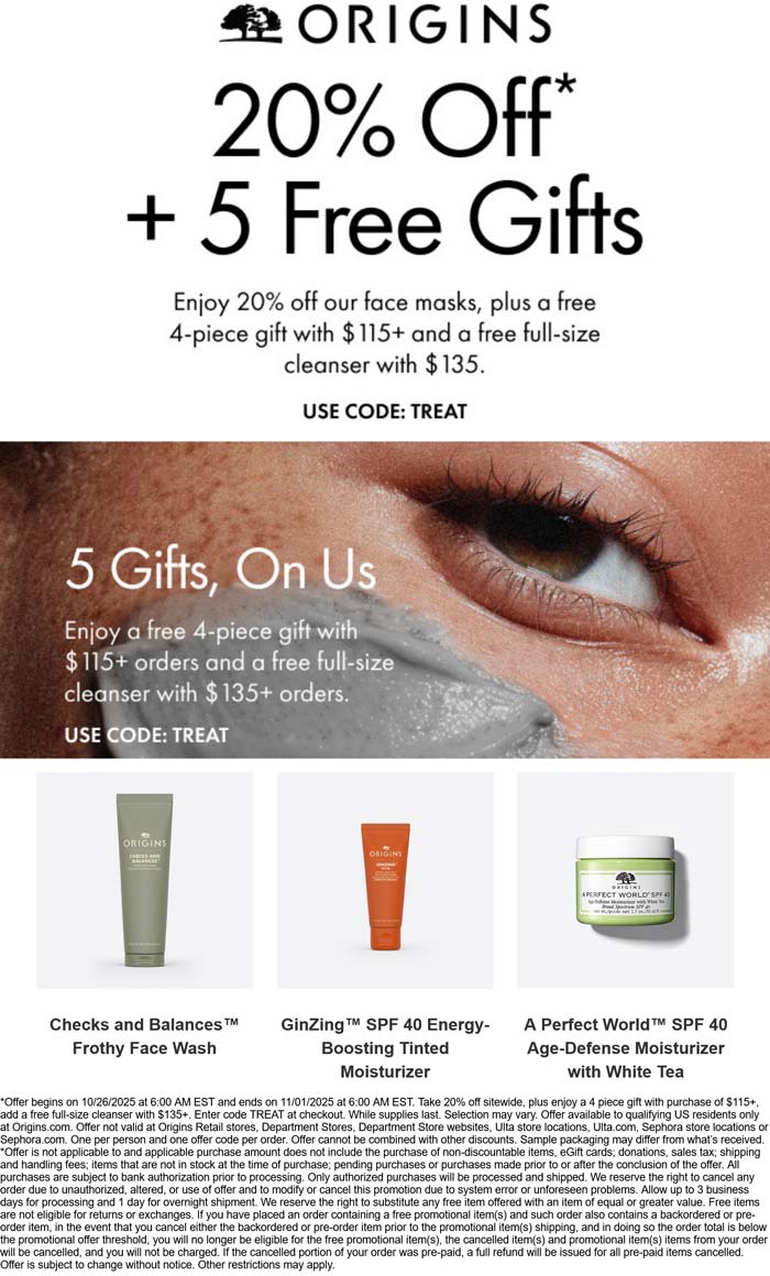 20% off face masks & more at Origins via promo code TREAT