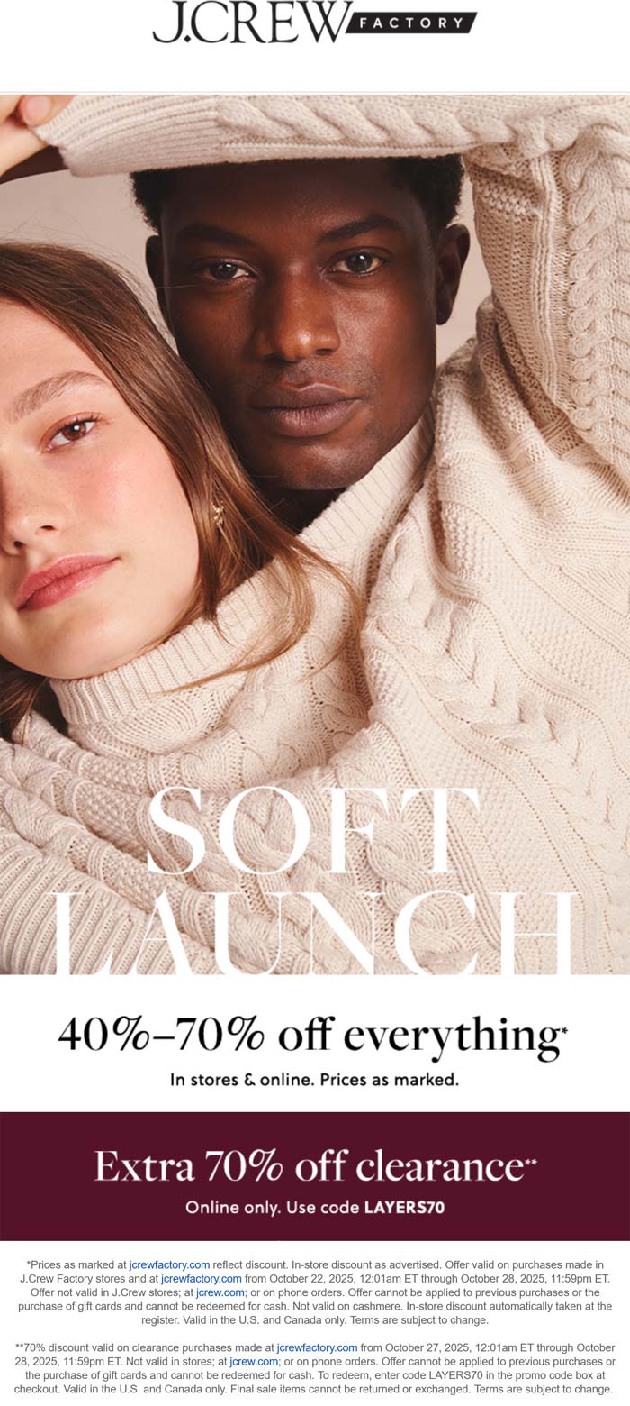 Extra 40-70% off everything today at J.Crew Factory, or online via promo code LAYERS70