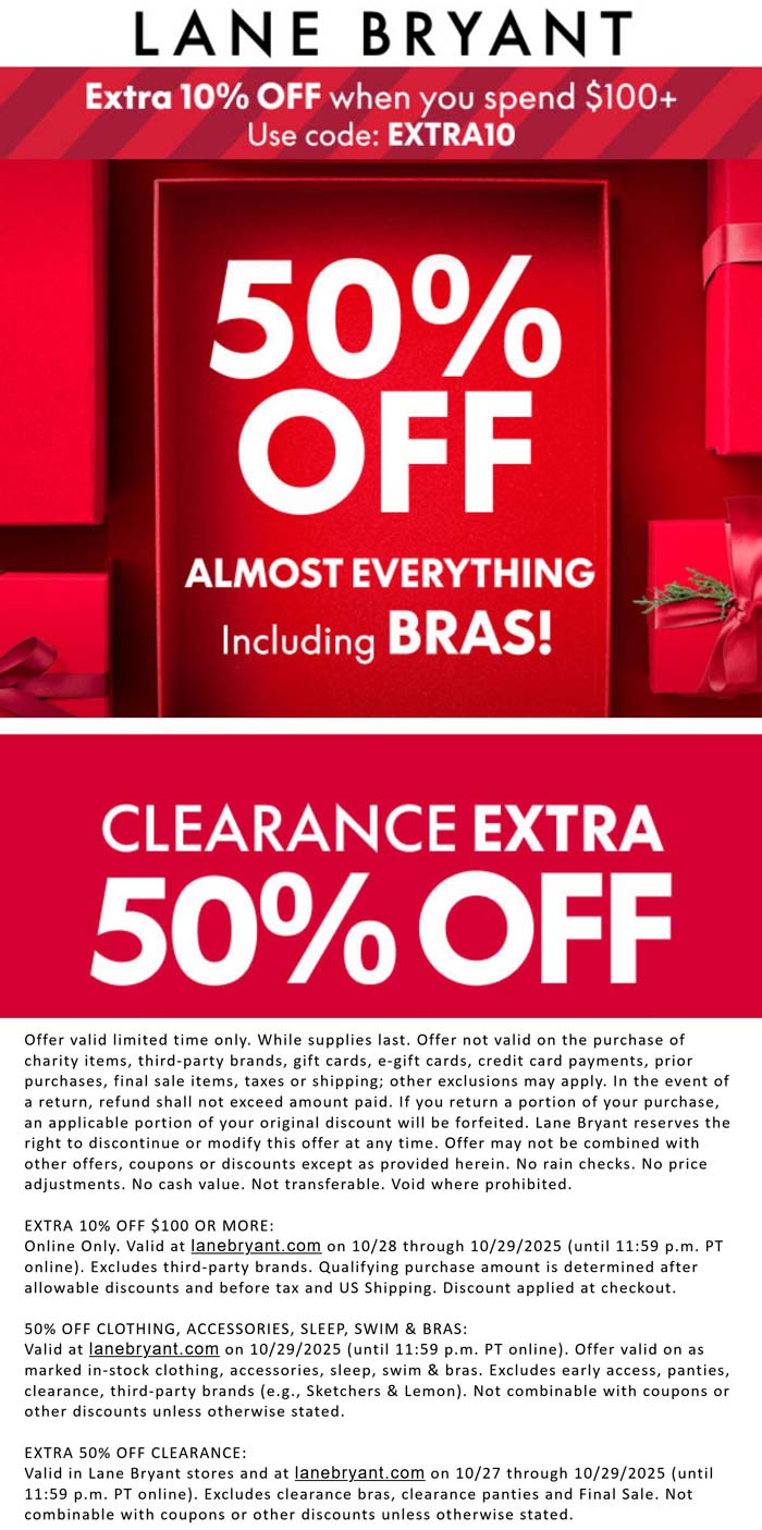 50-60% off today at Lane Bryant via promo code EXTRA10