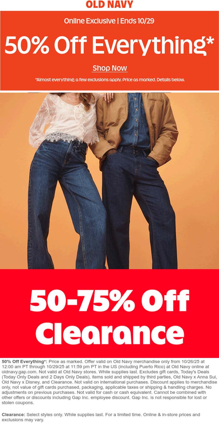 50% off everything & more online today at Old Navy
