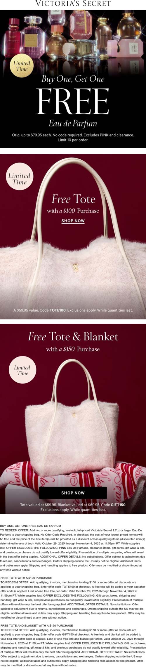 Second fragrance free + tote & blanket free on $100+ at Victorias Secret
