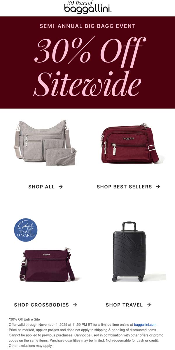 30% off everything online at Baggallini
