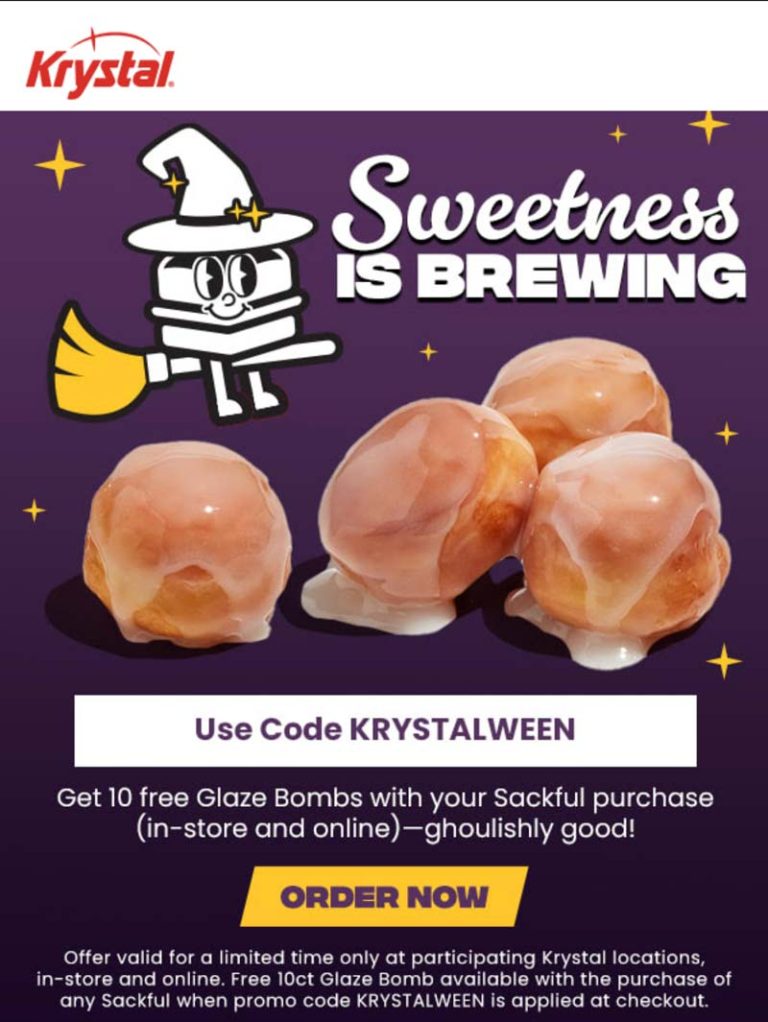10 glaze bombs free with your sack today at Krystal restaurants via promo code KRYSTALWEEN