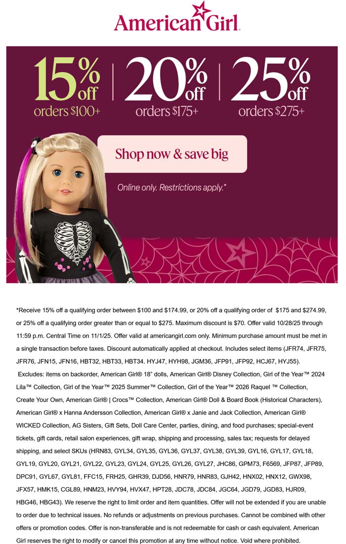 10-25% off $100+ online today at American Girl