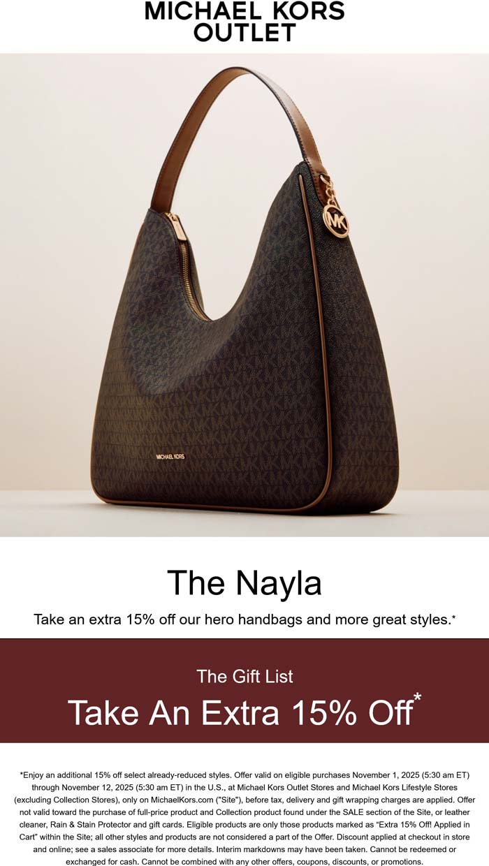 Extra 15% off at Michael Kors Outlet