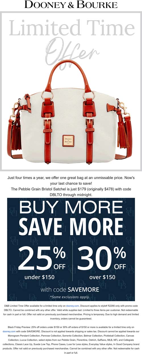 Dooney & Bourke coupon: 25-30% off & more at Dooney & Bourke via promo code SAVEMORE