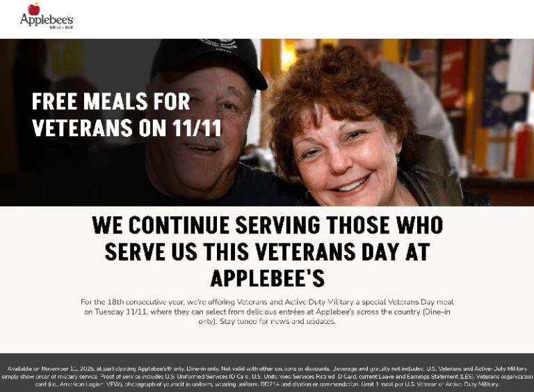 Free meals for veterans the 11th at Applebees restaurants