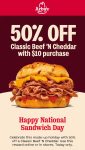 50% off a beef n cheddar sandwich on $10 today at Arbys #arbys