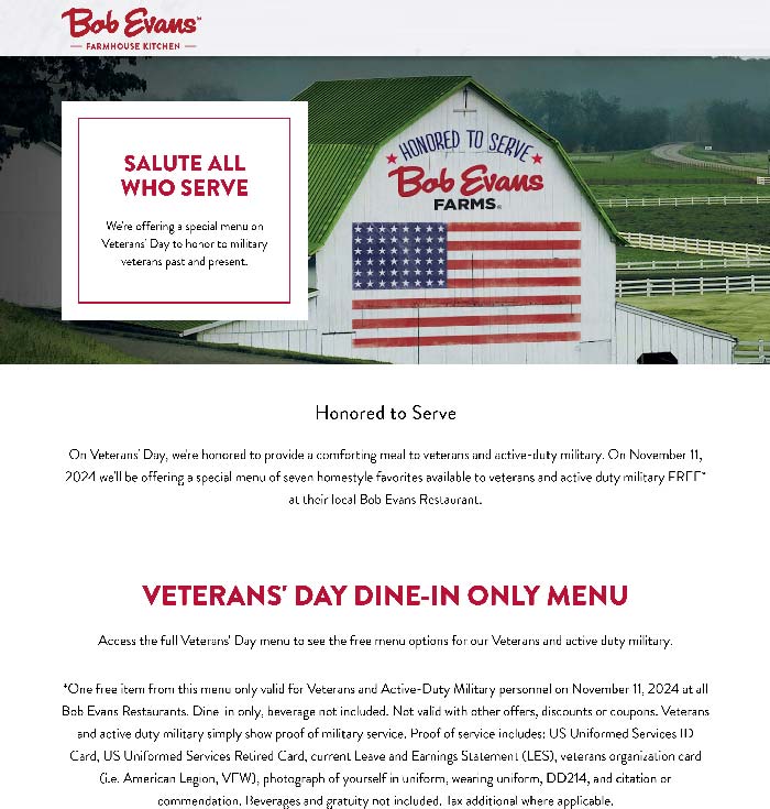 Veterans & active duty enjoy free food the 11th at Bob Evans restaurants