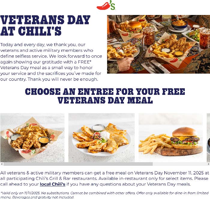Veterans & active military enjoy a free meal the 11th at Chilis