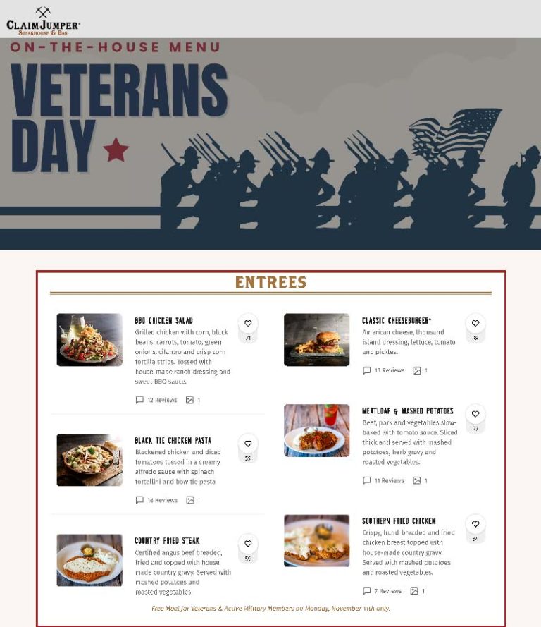 Free meal for active & veterans the 11th at Claim Jumper steakhouse
