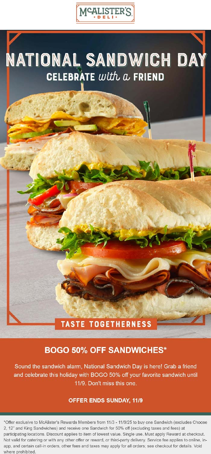 Second sandwich 50% off at McAlisters Deli
