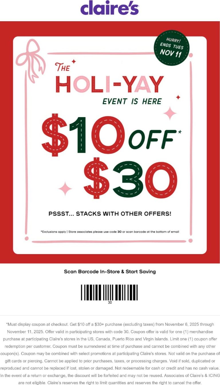 $10 off $30 at Claires