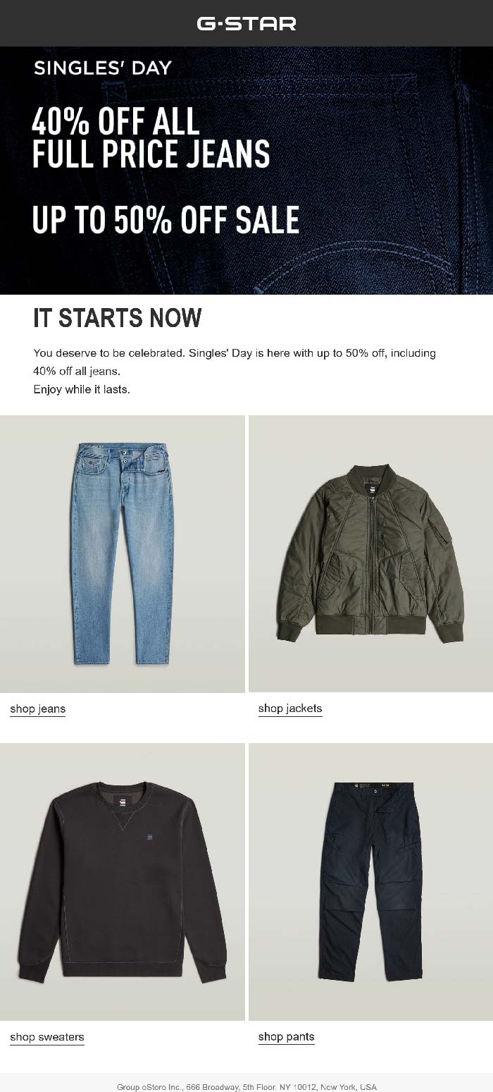 40% off jeans today at G-STAR