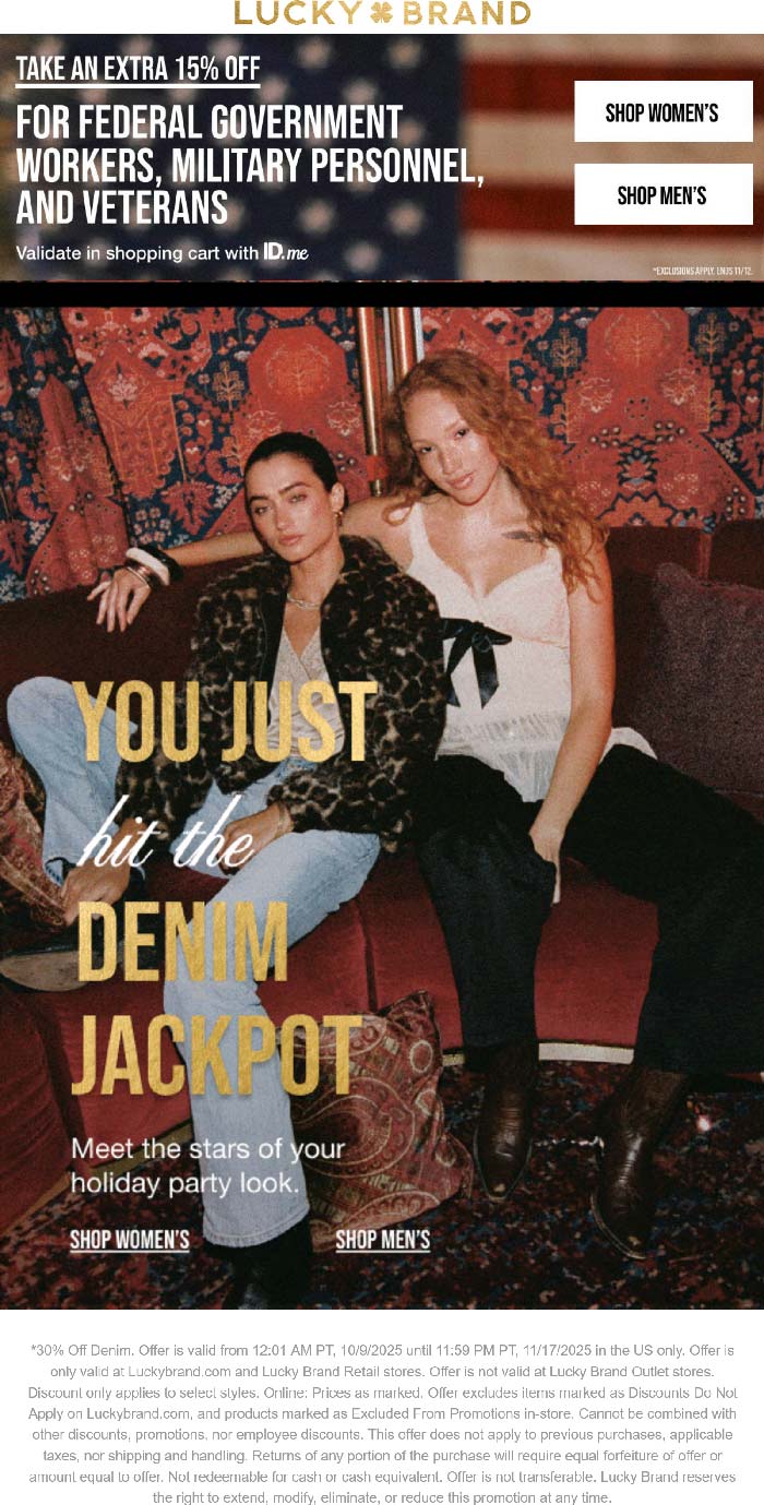 30% off denim & more at Lucky Brand, ditto online