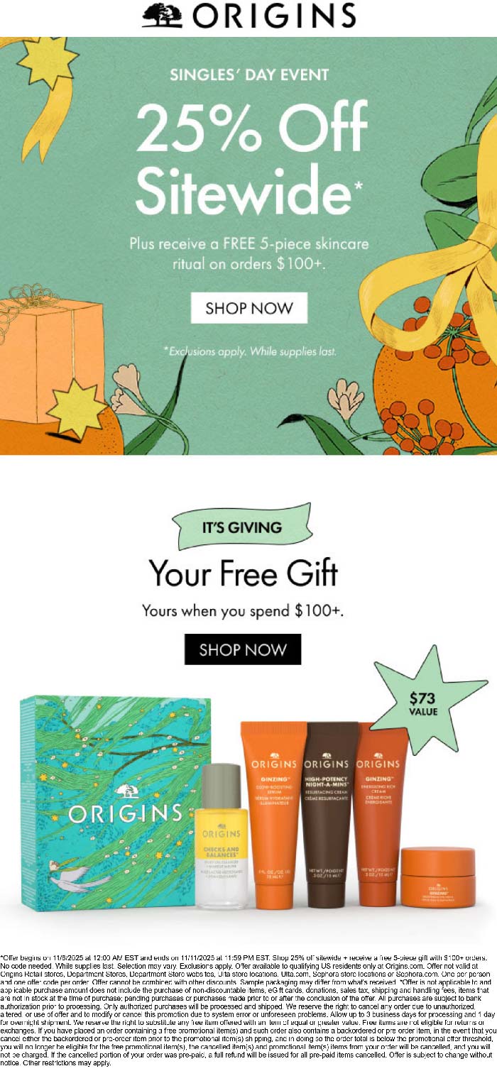 25% off everything online + free 5pc on $100+ at Origins
