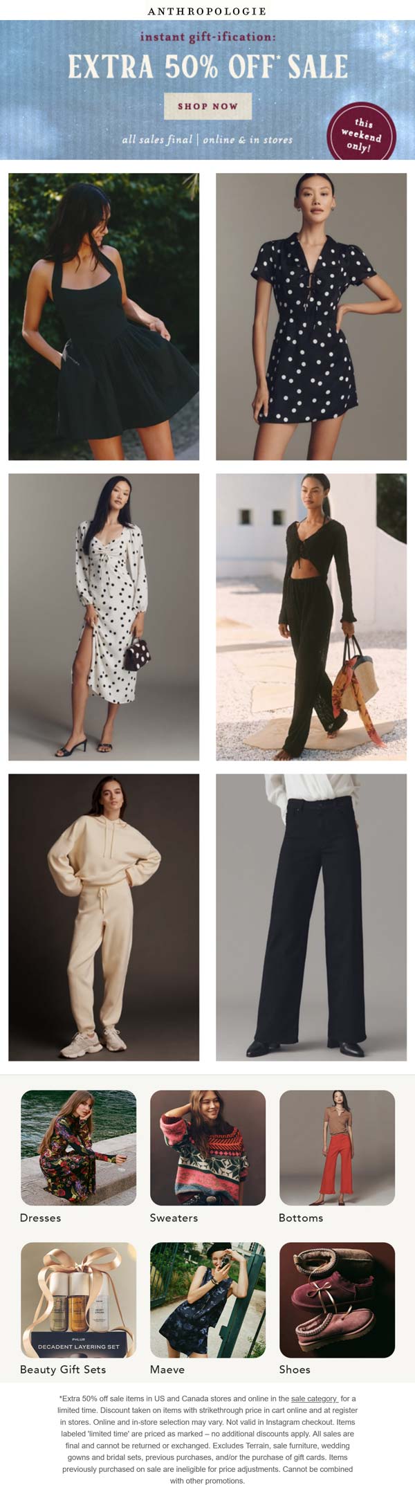 Extra 50% off sale items at Anthropologie, ditto online
