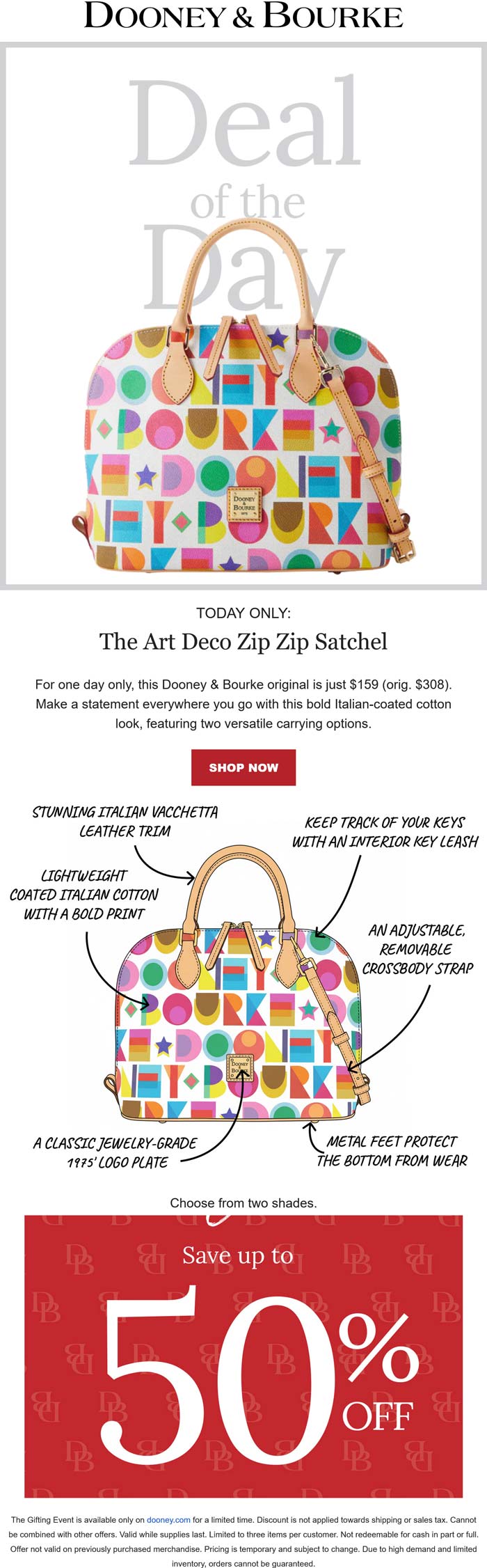 Dooney & Bourke coupon: $159 art deco zip satchel today at Dooney & Bourke