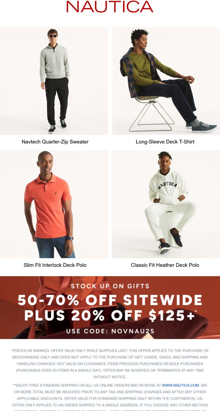 50-70% off everything online + 20% off $125 at Nautica via promo code NOVNAU25