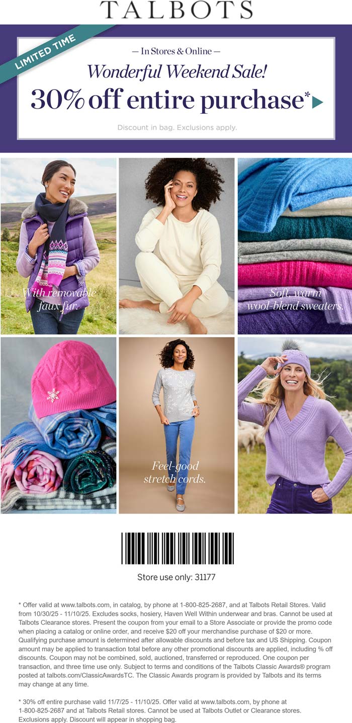 30% off everything at Talbots, ditto online