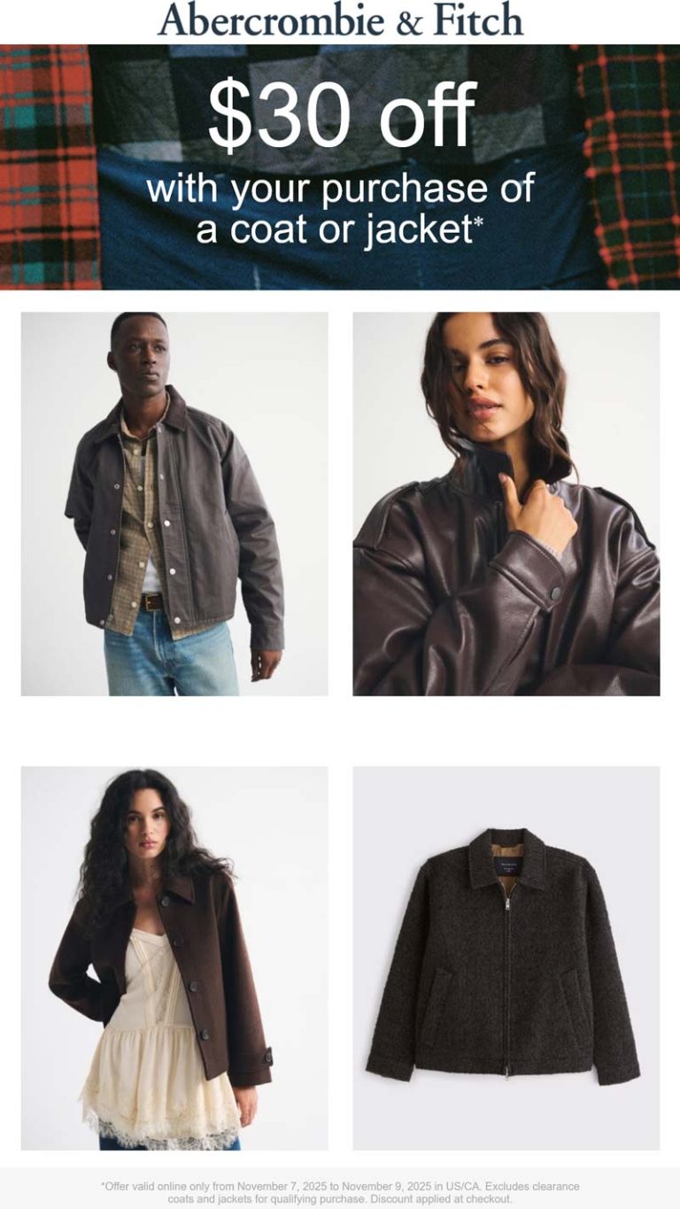 Abercrombie & Fitch coupon: $30 off a jacket online at Abercrombie & Fitch