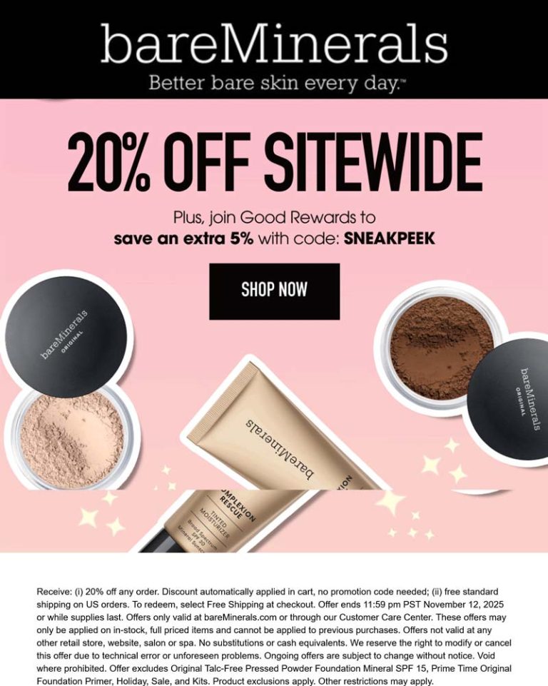 20% off everything online at bareMinerals via promo code SNEAKPEEK