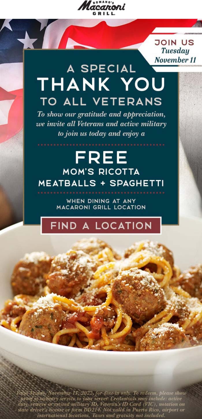 Veterans & active enjoy free spaghettie + meatballs Tuesday at Macaroni Grill
