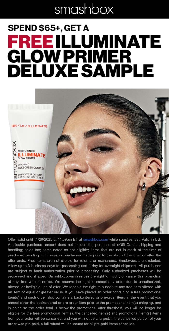 Free glow primer on $65 at Smashbox cosmetics