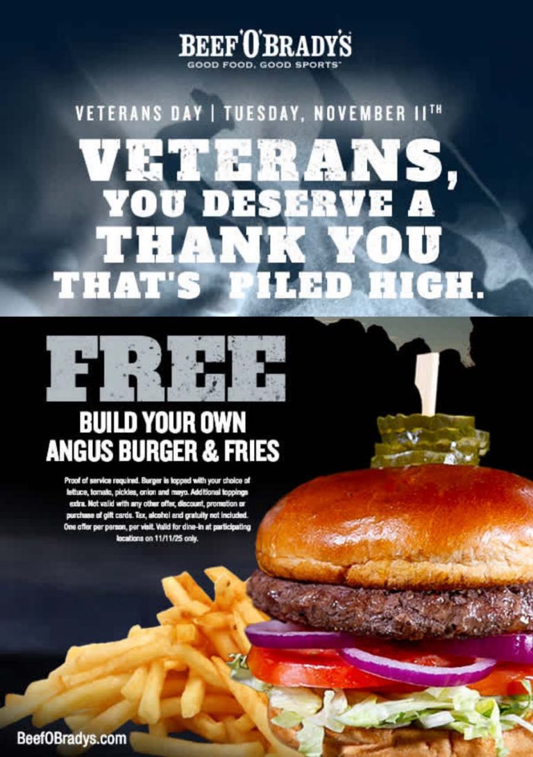 Free angus cheeseburger & fries for veterans today at Beef OBradys