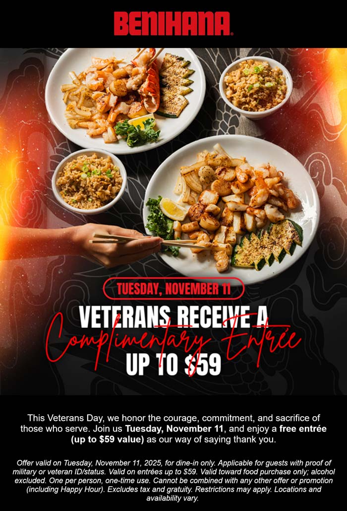 Free 59 entree with military ID today at Benihana benihana The