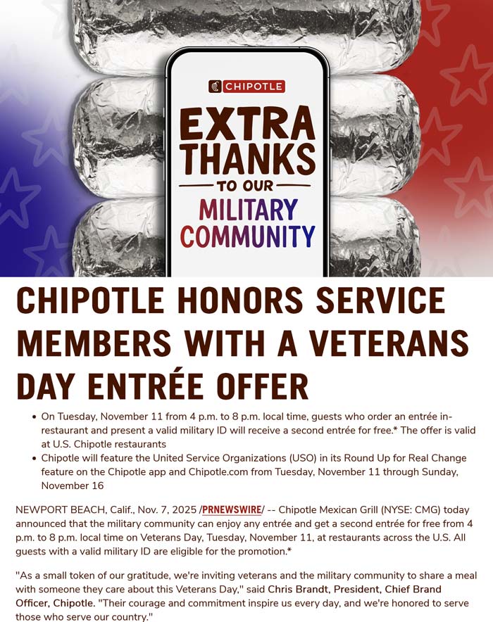 Military ID = second entree free today at Chipotle