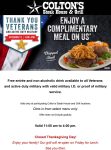 Free entree for veterans today at Coltons steak house & grill #coltons