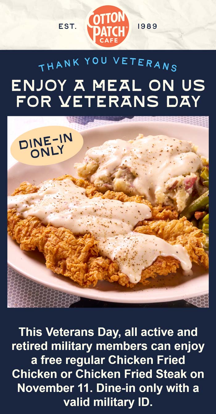 Veterans enjoy a free meal today at Cotton Patch Cafe