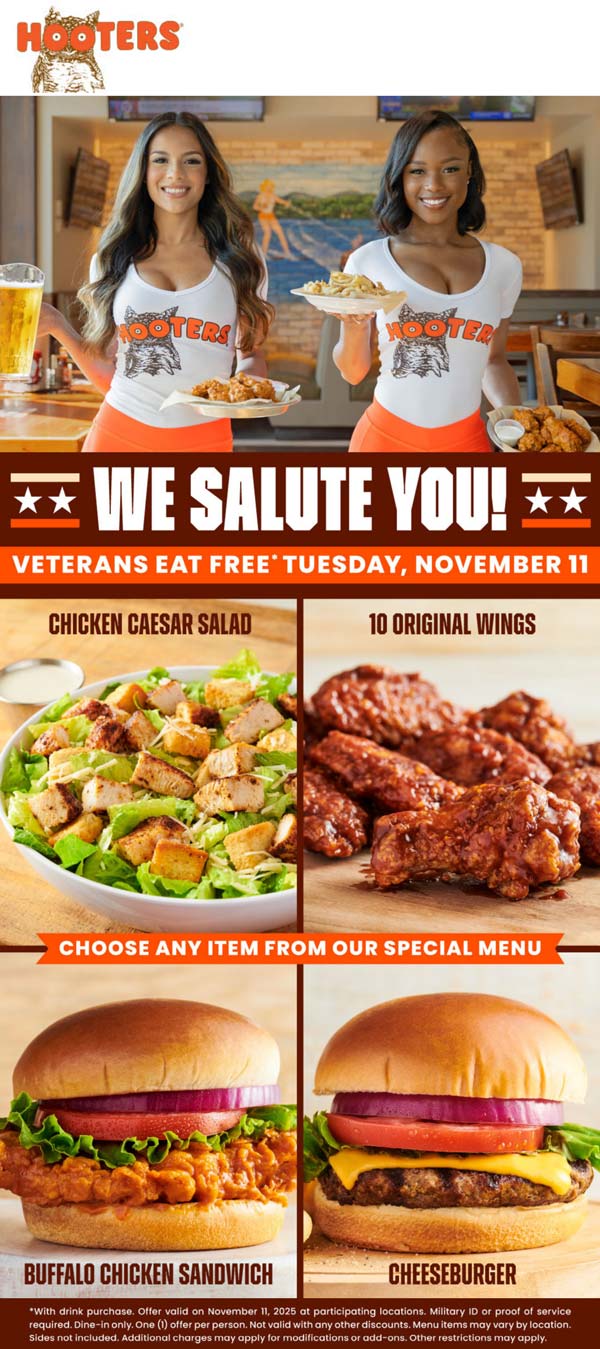 Free meal for veterans today at Hooters