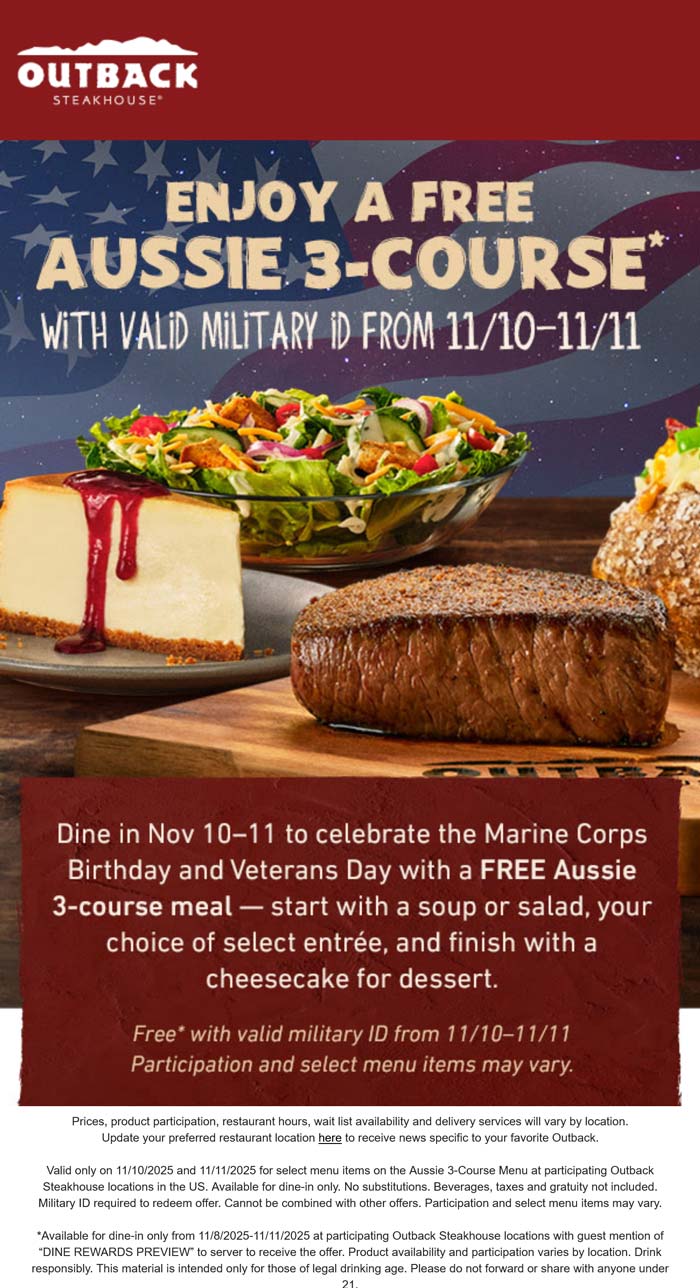 Free 3-course meal today with military ID at Outback Steakhouse