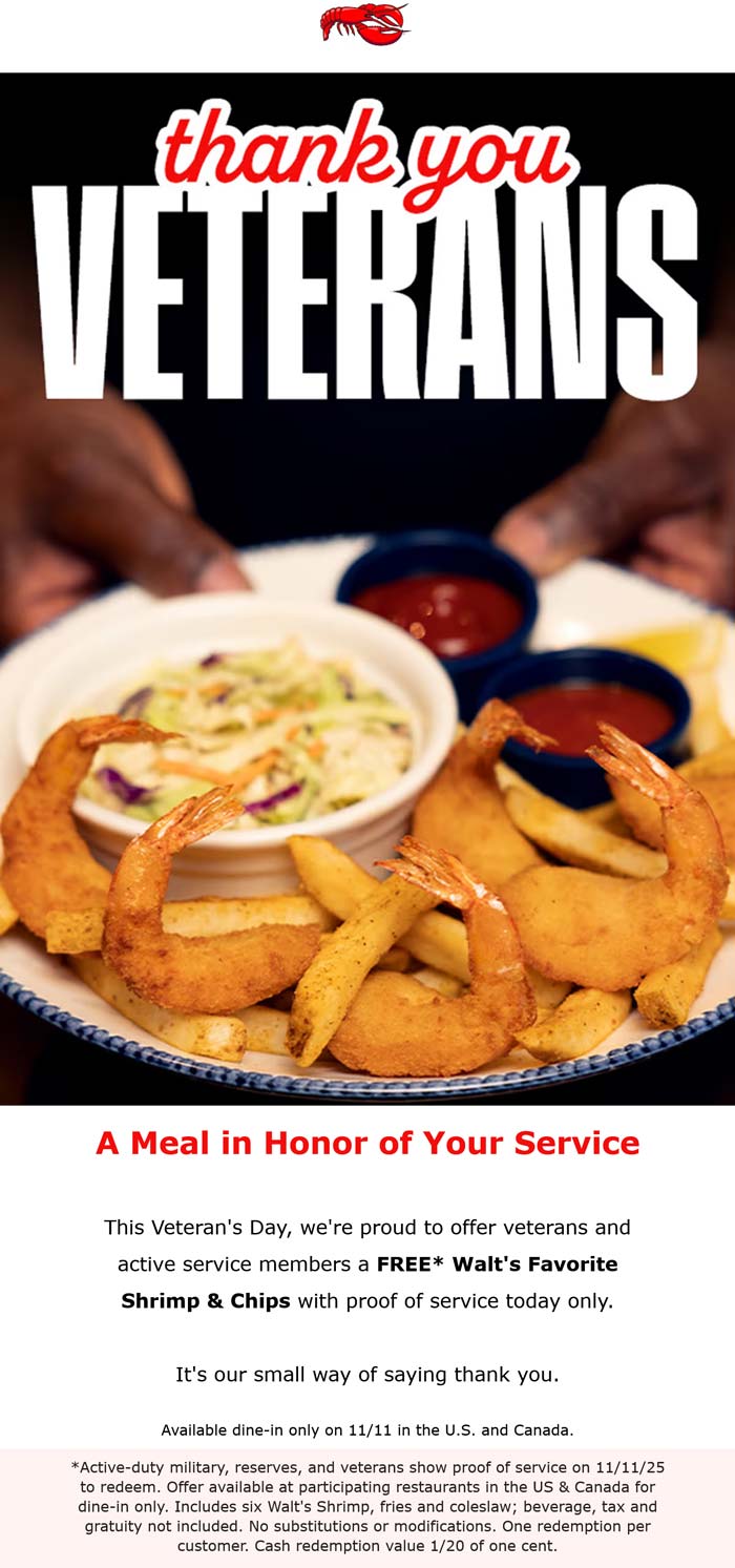 Free shrimp & chips for veterans and active today at Red Lobster restaurants