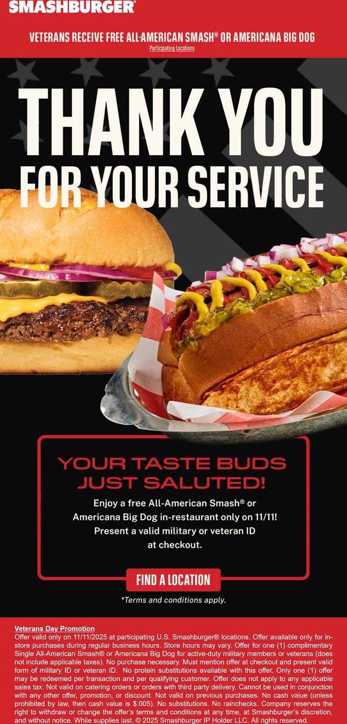 Military ID scores a free cheeseburger or big dog today at Smashburger