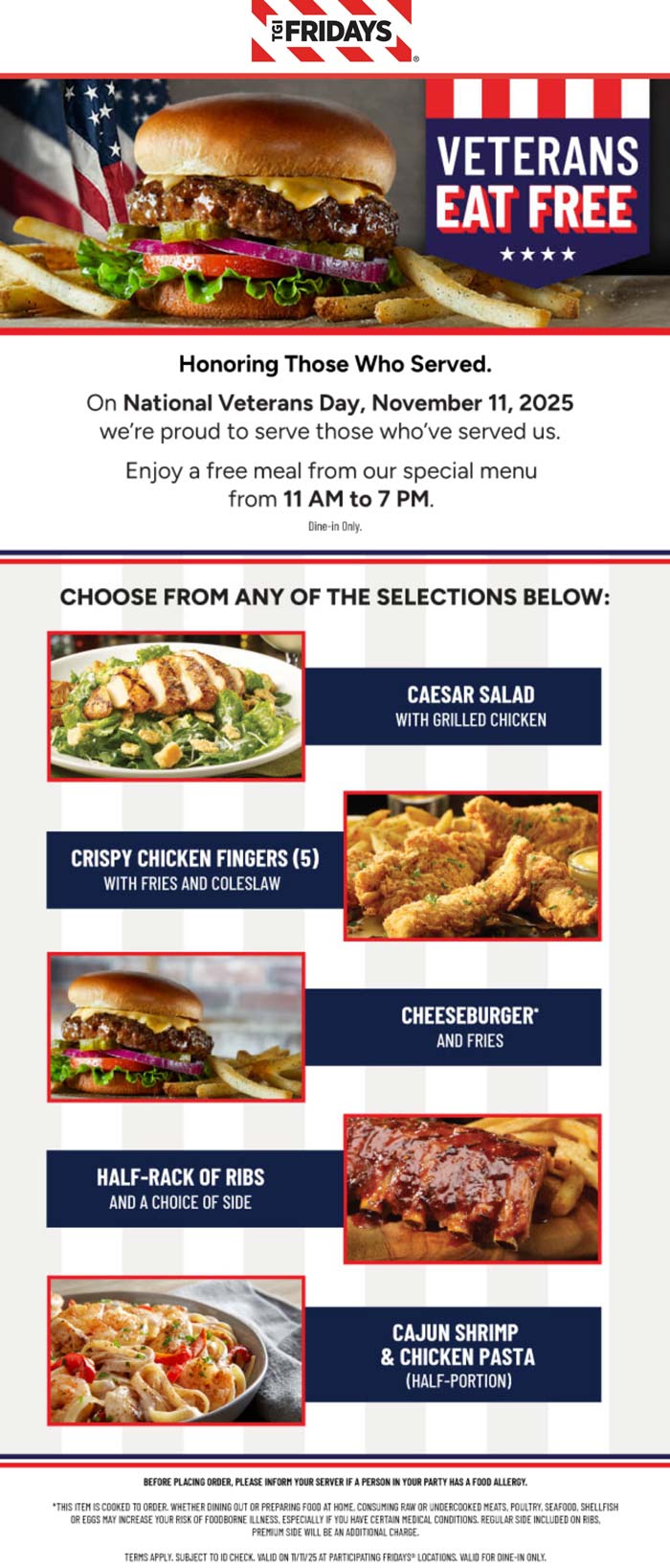 Free meal for veterans today at TGI Fridays