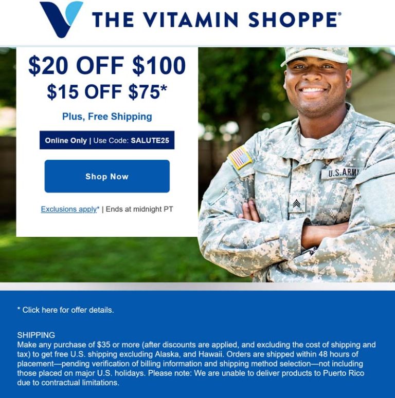 $15-$20 off $75+ today at The Vitamin Shoppe via promo code SALUTE25