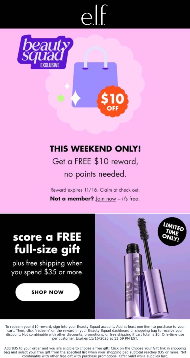 Free full size on $35 + $10 reward at e.l.f. Cosmetics