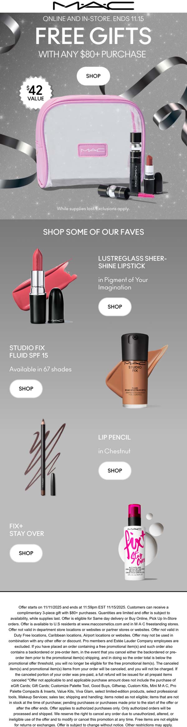 3 free gifts on $80 at MAC Cosmetics, ditto online
