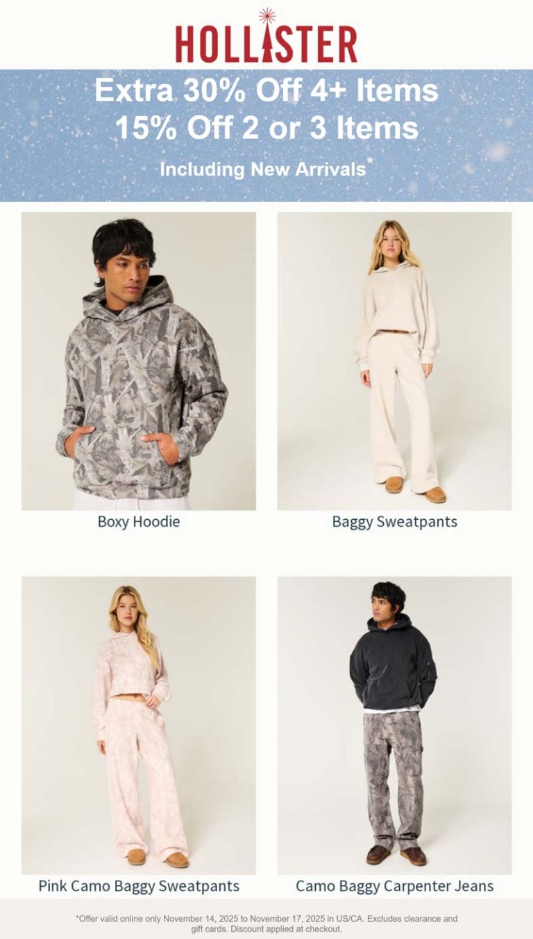 15-30% off 2+ items online at Hollister